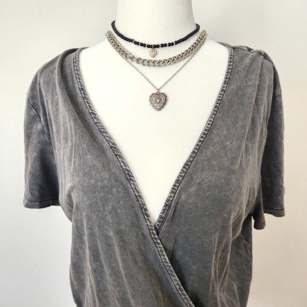 H&M Gray Romper Sz Medium Acid Wash Grunge Goth Punk Elastic Waist Short Sleeve - Picture 3 of 16